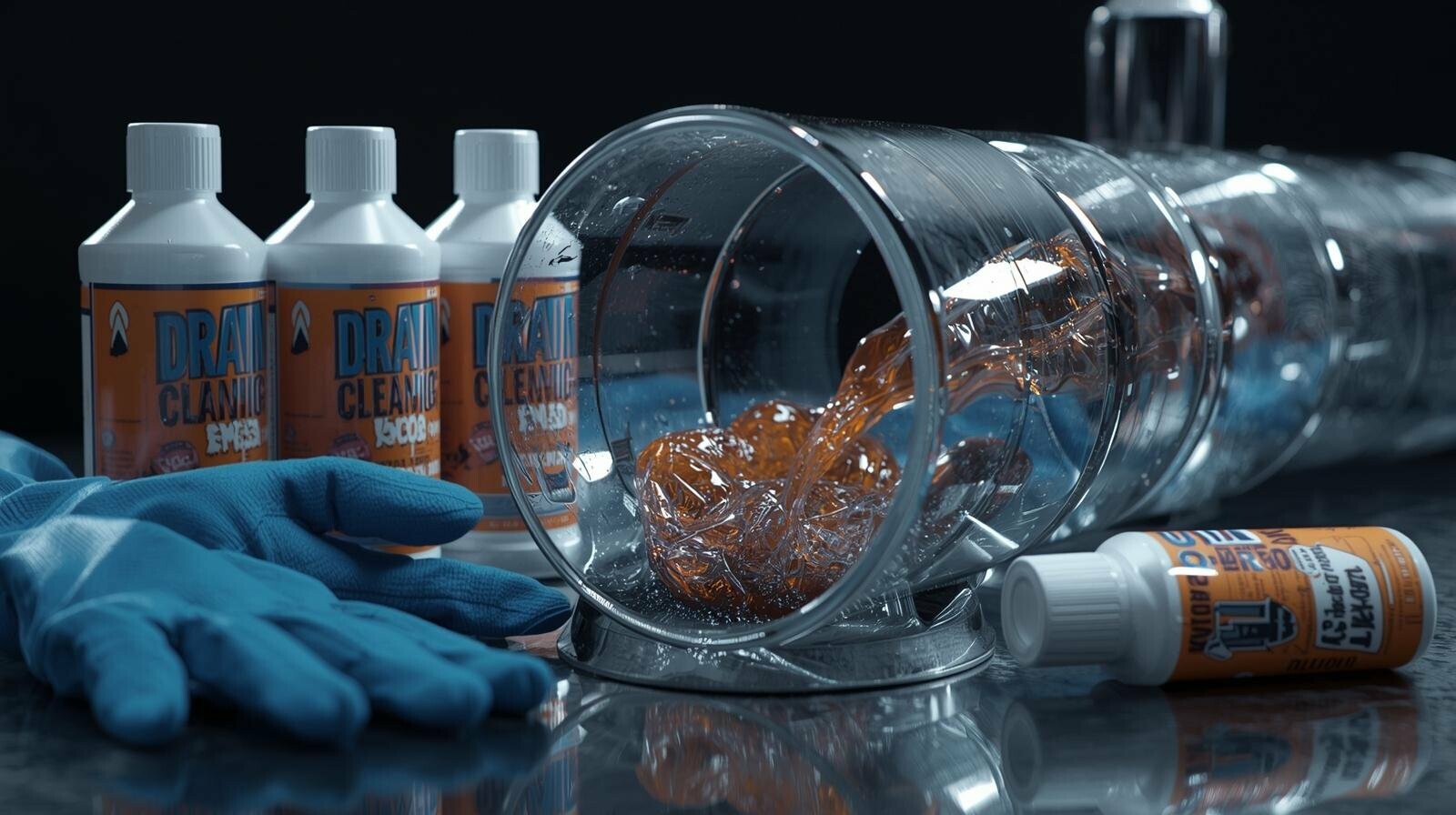 Пляшка хімічного засобу для прочистки каналізації біля прозорої труби